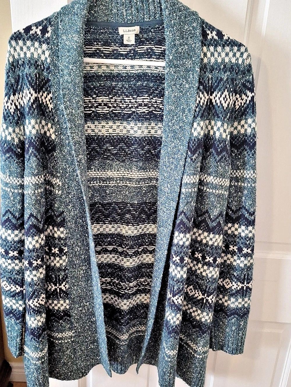 L.L.Bean Cotton Ragg Open Cardigan Fair Isle Blue & White Medium